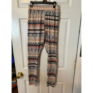 Show Lai Womens Fair Isle Geometric Tribal Print Leggings Size Large Blue Orange